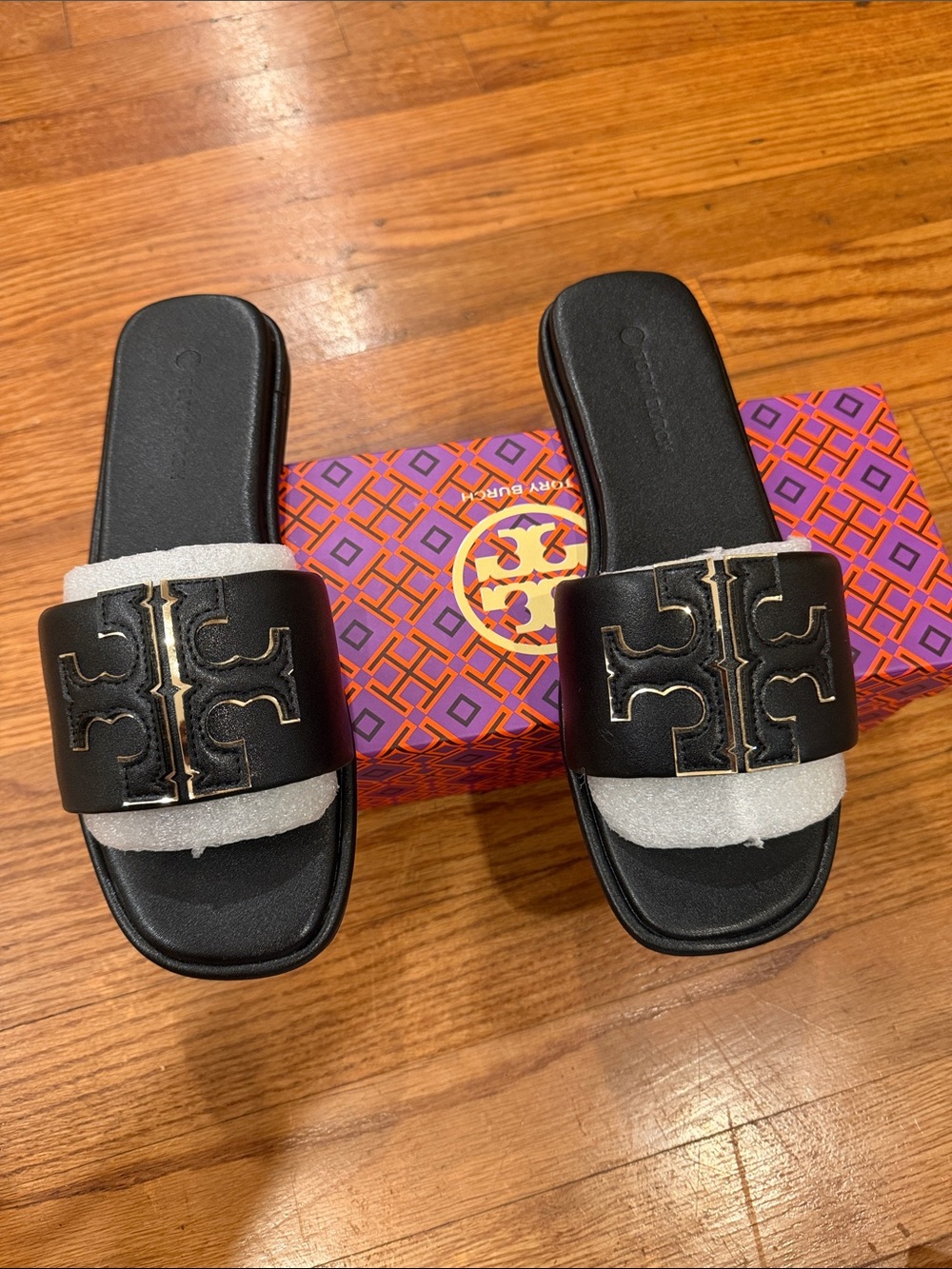 size 39 Tory Burch Black  sandals women’s Logo Slide Sandals with Gold Trim